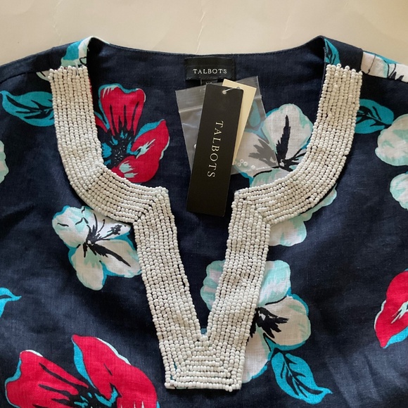 Talbots 100% Linen Beaded Neckline Navy Hibiscus Tropical Floral Tunic Dress XS - Picture 2 of 15
